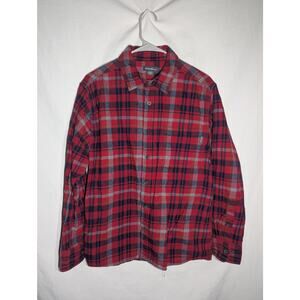 EDDIE BAUER Red Blue Gray Plaid Button Up Flannel Shirt Long Sleeve Mens Sz L